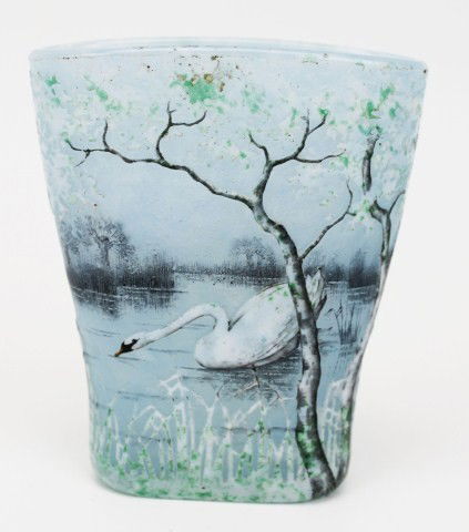 DAUM NANCY BLUE CAMEO VASE: DAUM NANCY BLUE CAMEO VASE Blue glass vase, highly decorated with a lake scene with swimming swan, signed, "Daum Nancy" Size: 4 x 3.5" Condition: VGC Est.$2000-3000