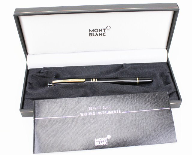 MONTBLANC MEISTERSTUCK CLASSIQUE BLACK ROLLERBALL: MONTBLANC MEISTERSTUCK CLASSIQUE BLACK ROLLERBALL Montblanc Meisterstuck Classique rollerball black and gold pen. Plated Black clip and rings with emblem on cap. Ident. No. 12890 with service guide in