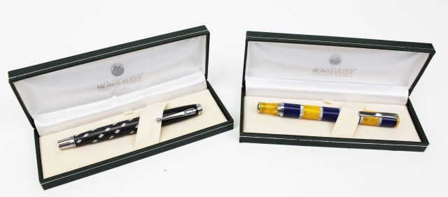MONTEVERDE INVINCION BLACK TIE & REGATTA FOUNTAIN: MONTEVERDE INVINCION BLACK TIE & REGATTA FOUNTAIN 2 Monteverde fountain pens, Invincion Black Tie 5.375" nib marked iridium "M", and Regatta blue and yellow 5.5" nib marked iridium "M". Both fountain