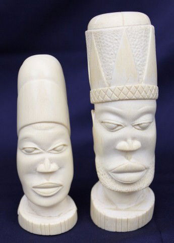 2 AFRICAN CARVED IVORY BUSTS OF TRIBAL FIGURES: 2 AFRICAN CARVED IVORY BUSTS OF TRIBAL FIGURES 2 elephant ivory carved busts of African tribal figures. Size: 7.25" & 6" Condition: VGC, with a few cracks. Est.$200-400