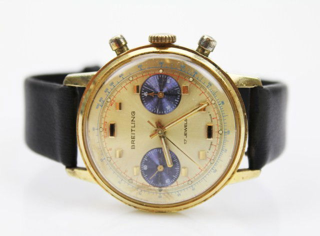 MENS BREITLING 1950 CHRONOMAT WRIST WATCH: MENS BREITLING 1950 CHRONOMAT WRIST WATCH Vintage 808 Chronomat model 217012. Case: 20 micron gold plated with duel complication stop-watch sets. Double cased screw down water resistant case. Dial: Ch