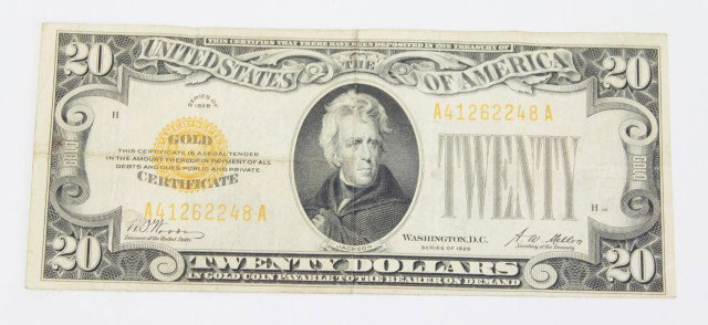 1928 $20 GOLD CERTIFICATE #A41262248A: 1928 $20 GOLD CERTIFICATE #A41262248A 1928 $20 gold certificate "This certifies that there have been deposited in the treasury of the United States of America. TWENTY DOLLARS in gold coin payable to t