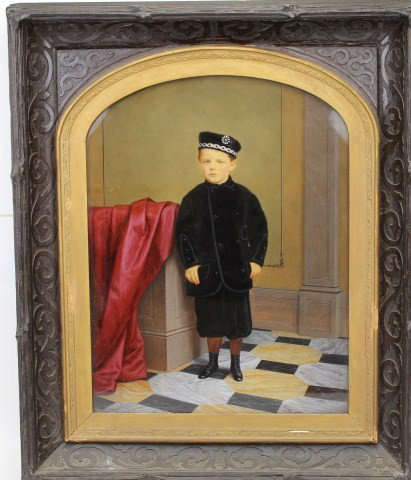 VERRE EGLOMISE PORTRAIT PRINCE RUDOLF OF AUSTRI: A well executed and important hinterglasmalere, reverse painting on glass of the young Archduke. Rudolf Franz Karl Joseph (later Crown Prince) was born on 21 August 1858 in Schloss Laxenburg, to Emper