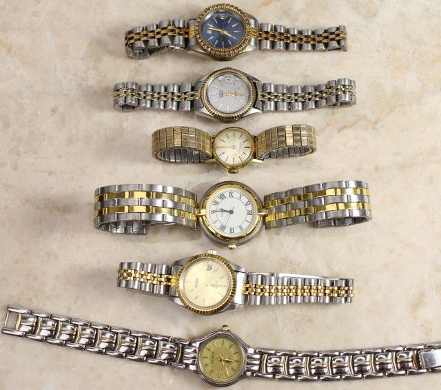 LADIES 2 TONE WATCH LOT OF 6: Lot of vintage wrist watches mainly 1980s. Includes: Medana, Geneva, Acqua, Gruen, Borel. A mix of styles. All with 2 tone bands. Condition: VGC