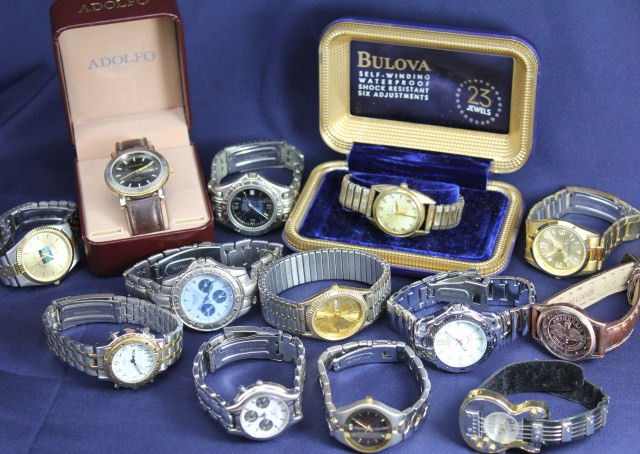 LOT OF 13 MENS WATCHES: Lot of 13 watches including, Gibson, Citizen, Bulova, Marco Max, Adolfo, and many more. Most watches are in good to very good condition appearing to only need a battery. Not warranted. Size: Various C