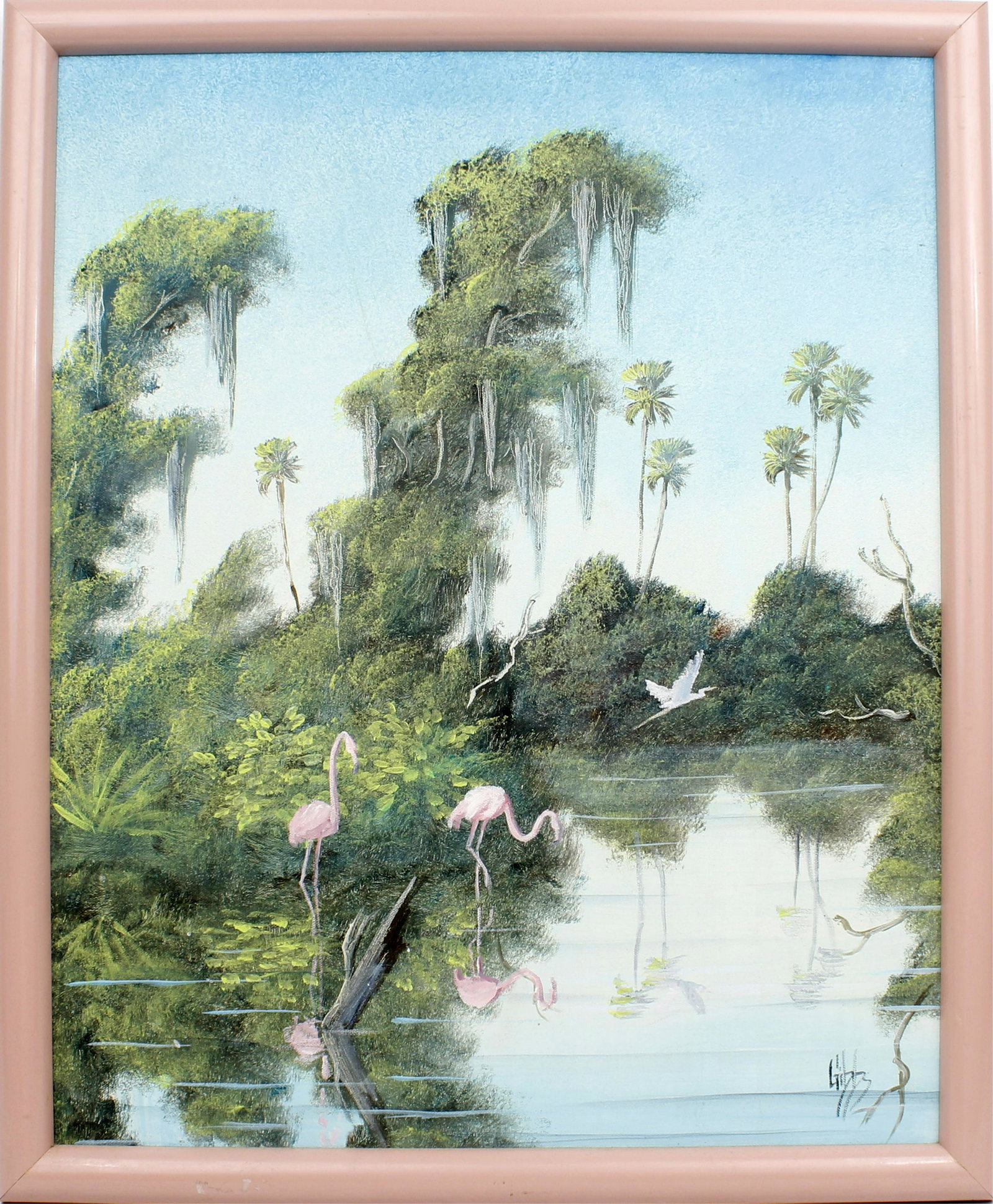 JOE GIBBS FLORIDA ARTIST LET'S FLAMINGLE: Gibbs, Joe D (1948 - 1998) Florida Artist Painting. Oil on canvas - signed lower right. Two flamingos share the rich green riverbank with a local crane. Canvas measures 20x24framed to overall size of 