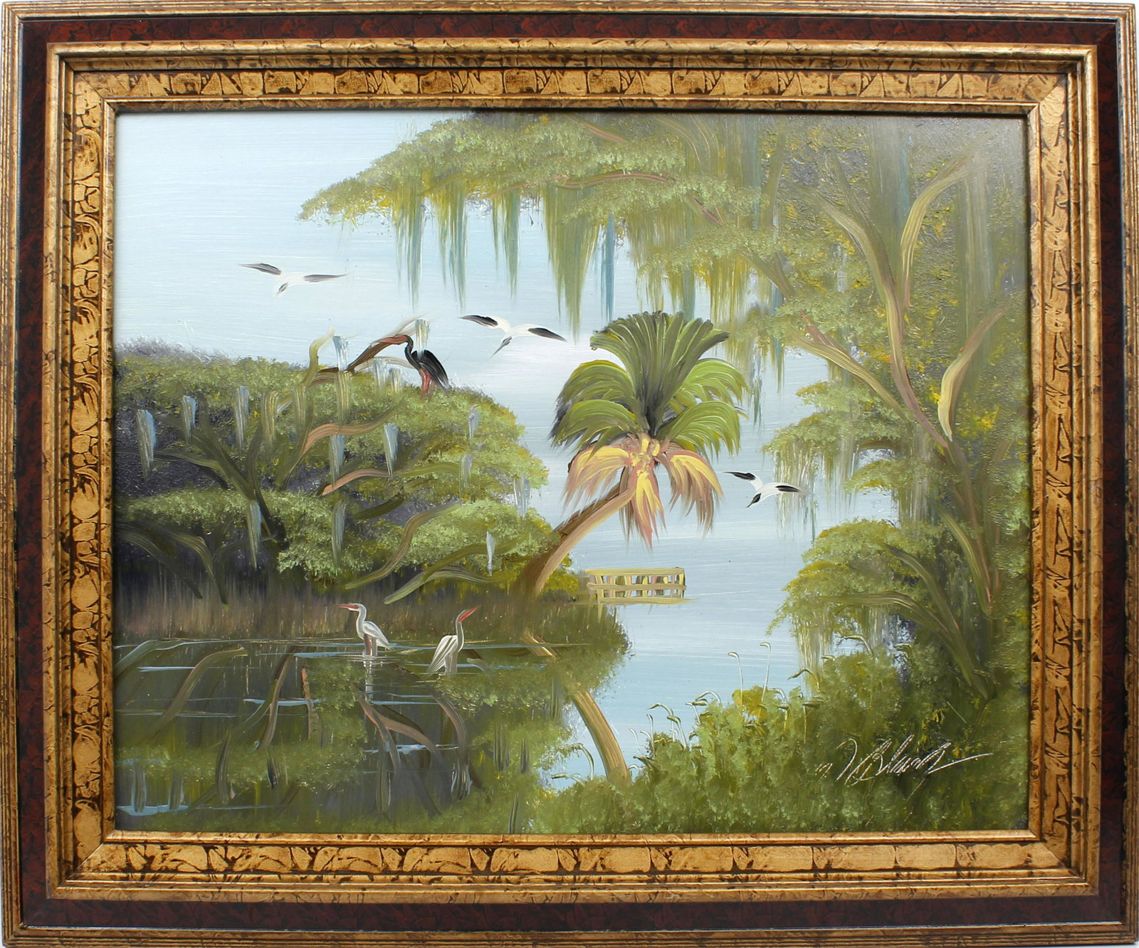 AL BLACK FLORIDA HIGHWAYMEN BOATING DOCK INLET: Black, Albert “Blood” (B.1947) Florida Highwaymen Painting. Oil on Masonite - signed lower right. Flourishing green inlet of the river with small boat dock. Board measures16x20 framed to o
