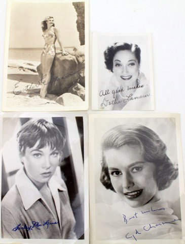 FOUR SIGNED PHOTOS FROM THE 50s AND 60s: FOUR SIGNED PHOTOS FROM THE 50s AND 60s Signed photographs of Dottie Lamour, Shirley MacLaine, Cyd Charisse, and Esther Williams. Condition: Slight bends to the corners. Lot: 15014