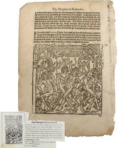 PAGE FROM THE SHEPHERD'S KALENDER PRINTED 1691: PAGE FROM THE SHEPHERD'S KALENDER PRINTED 1691 Printed in 1631 for John Wright and sold in his shop above Newgate, London. Each page contains a woodcut engraving and text. Very few of these books surv