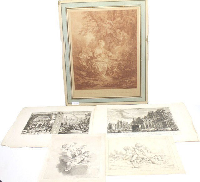 18TH & 19TH CENTURY ENGRAVINGS F BOUCHER: 18TH & 19TH CENTURY ENGRAVINGS F BOUCHER Mixed lot of engravings after Francois Boucher's "La Fecondite," (Faded). "L'eau" and another similar. An engraving of a ruined Roman amphitheatre, "Ceremoies 
