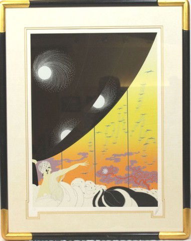 ERTE SERIGRAPH SIGNED & NUMBERED LITHOGRAPH: ERTE SERIGRAPH SIGNED & NUMBERED LITHOGRAPH Erte Serigraph (Russian,1892-1990) ."The Coming of Spring" depicts a woman, dressed in fur, is overwhelmed as she watches from her window as the birds flock