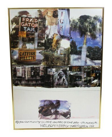 R. RAUSCHENBERG SIGNED LITHOGRAPH CATFISH TAILS: R. RAUSCHENBERG SIGNED LITHOGRAPH CATFISH TAILS Robert Rauschenberg color offset lithograph. Signed by the artist during his March 10, 2000 - April 16, 2000 exposition at Gallery of Fine Art, Edison C