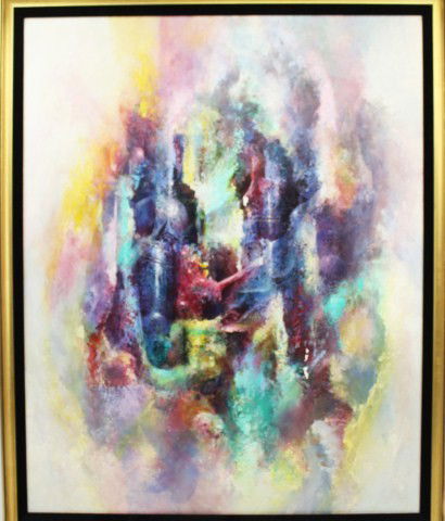BOB TAPIA "COLOR ENERGY" SIGNED: BOB TAPIA "COLOR ENERGY" SIGNED Oil painting by Bob Tapia, "Color Energy". An abstract piece featuring vivid hues of greens, blues, and pinks, 24"X30". Attached to the frame is an excerpt about Bob Ta