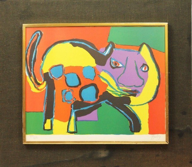 KAREL APPEL LIMITED LITHOGRAPH 88/110 "THE CAT": KAREL APPEL LIMITED LITHOGRAPH 88/110 "THE CAT" Karel Appel (Dutch, 1921-2006), was an abstract artist and one of the founders of the avant-garde movement Cobra in 1948. This piece is of an expression