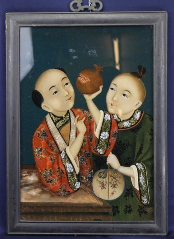 CHINESE REVERSE PAINTING TO GLASS OF 2 BOYS: CHINESE REVERSE PAINTING TO GLASS OF 2 BOYS Unsigned reverse painting to glass of two boys. Early 20th century, in contemporary ebonized wood frame. Size: 16 x 21.5" including the frame Condition: VGC
