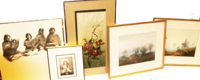 LOT OF 5 PAINTINGS ON VARIOUS MEDIUM: LOT OF 5 PAINTINGS ON VARIOUS MEDIUM Two watercolors by Mortuzar, dated 1974. Both are of foggy field scenes, 25"X21". Mather, "Women of a Native American Tribe", 24"X24", Charles Bragg, "Taming the B