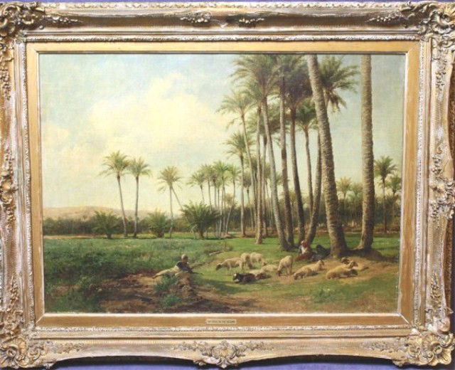 DAVID BATES - OASIS IN THE DESERT OIL ON CANVAS: DAVID BATES - OASIS IN THE DESERT OIL ON CANVAS David Bates (British, 1840-1921). An oasis in the desert. Oil on canvas, painted in 1892. Signed and dated bottom right. Mounted in a contemporary gilt