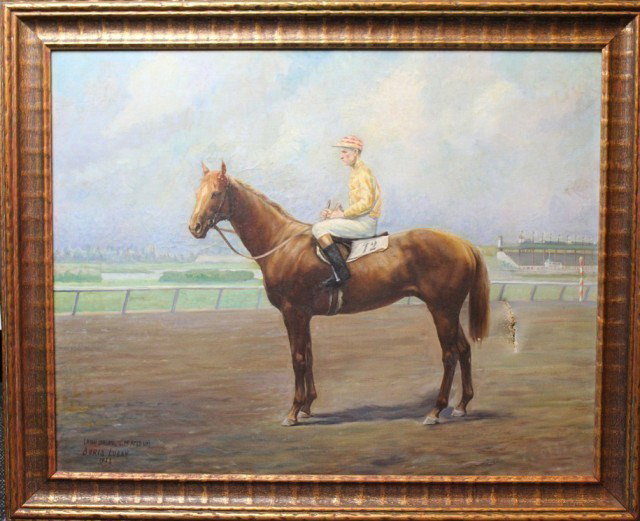 BORIS LUBAN - HIGH STRUNG OIL OF A RACEHORSE: BORIS LUBAN - HIGH STRUNG OIL OF A RACEHORSE Boris Luban (Russian/American, 1881-1968), New York, NY, oil on canvas painting of a racehorse, "High Strung, L. McAtee Up," Signed lower left: "Boris Luba