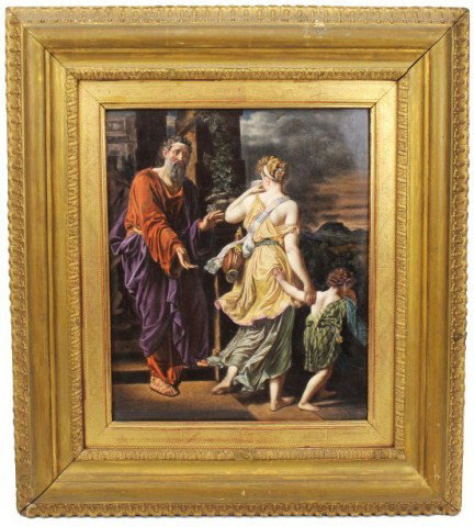 FRANZ SCHIER - PORCELAIN PAINTING ABRAHAM & HAGAR: FRANZ SCHIER - PORCELAIN PAINTING ABRAHAM & HAGAR Franz Schier, (German, 1852-1922). A late-19th century porcelain tile painting of Abraham expelling Hagar. Signed "F. Schier. M" lower right. Framed i