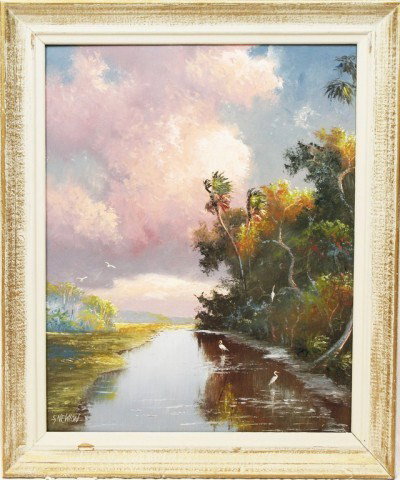 SAM NEWTON - HIGHWAYMEN OIL ON BOARD EVERGLADES: SAM NEWTON - HIGHWAYMEN OIL ON BOARD EVERGLADES Sam Newton (1948 -- ) Cloudy everglades scene with wading and flying cranes. Signed bottom right. Size: 20 x 24" framed Condition: VGC Lot: 15131