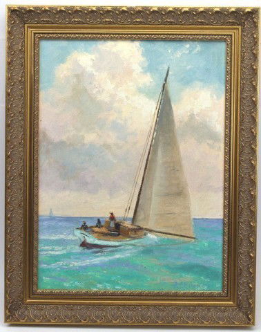 ALBERT E. BACKUS - OIL ON BOARD PAINTING SAILBOAT: ALBERT E. BACKUS - OIL ON BOARD PAINTING SAILBOAT Albert Ernest "Bean" Backus (American 1906 - 1991). Painting of a sailboat. One of his "Caribbean" paintings. Known as the "Dean of Florida painters"