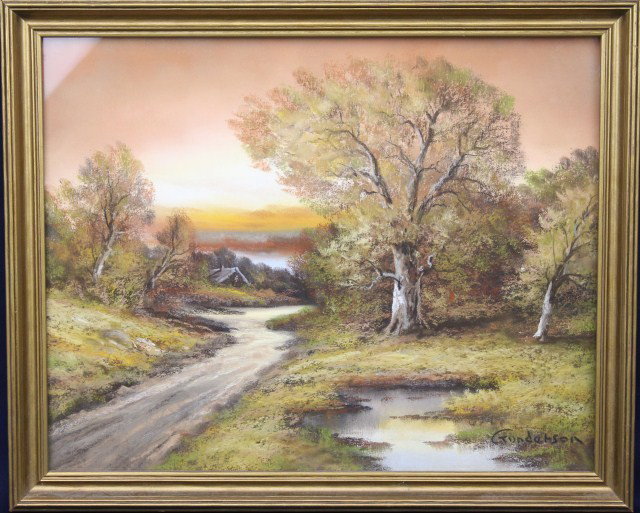 ANDREW GUNDERSON - PASTEL LANDSCAPE SCENE: ANDREW GUNDERSON - PASTEL LANDSCAPE SCENE Andrew Gunderson (American, 1888-1964). A technically excellent pastel country scene. Signed bottom right. Size: 15 x 12" plus the frame Condition: VGC Lot: 1