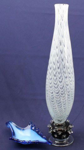 2 MURANO GLASS PIECES: TALL VASE & CANDY DISH: 2 MURANO GLASS PIECES: TALL VASE & CANDY DISH A large, conical vase with white waves traveling up the piece. It is supported by a black base that is styled as if the glass dripped into place. The smal