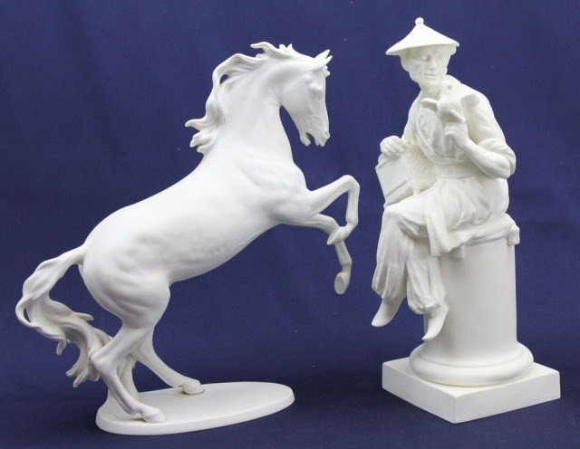 KAISER & ROYAL WORCESTER PORCELAIN FIGURES: KAISER & ROYAL WORCESTER PORCELAIN FIGURES This Royal Worcester figure, "L'Oiseau," depicts a Chinese man seated upon a plinth with a bird cage under his left arm and a bird perched on his right hand.