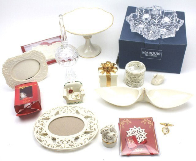 LENOX CHINA LOT AND WATERFORD CRYSTAL: LENOX CHINA LOT AND WATERFORD CRYSTAL A lot of china pieces by Lenox. Including a footed dish (USA), a two-bowl dish (USA), two photo frames, a rocking horse cookie press, three Christmas ornaments, a