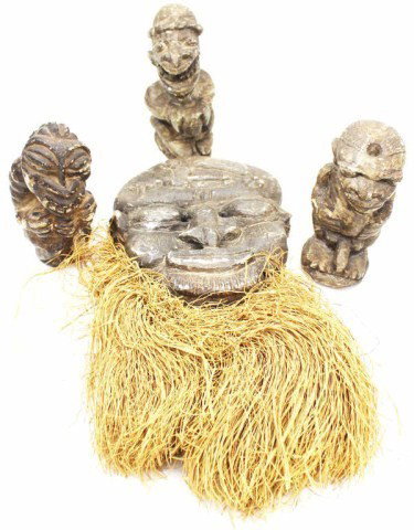 AFRICAN CARVED STONE MASK & STATUE FIGURINES: AFRICAN CARVED STONE MASK & STATUE FIGURINES Stone mask with straw beard. Three old, carved stone deity or ancestral figures. Size: figures are approx 7" tall Condition: VGC Lot: 15354