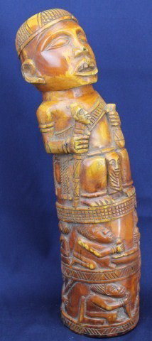 AFRICAN CARVED ELEPHANT IVORY FERTILITY FIGURE: AFRICAN CARVED ELEPHANT IVORY FERTILITY FIGURE A good heavy Elephant tusk carved ancestral or totem figure. Deeply toned. Size: 17.5" Condition: VGC Lot: 15375