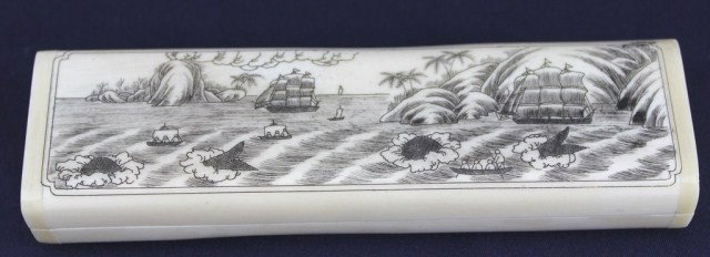 WALRUS TUSK IVORY POT WITH SCRIMSHAW LID: WALRUS TUSK IVORY POT WITH SCRIMSHAW LID Carved walrus tusk ivory brush pot. Lid with Scrimshaw whaling scene. Size: 6" x 1.75" x 1" Condition: VGC Lot: 15398