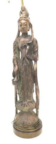 CHINESE EARTHENWARE GUAN YIN DEITY STATUE FIGURE: CHINESE EARTHENWARE GUAN YIN DEITY STATUE FIGURE Antique earthenware figure of Guan yin (Kuan yin). Converted in to a lamp stand. Good age patina overall. Some minor repairs, damage and surface wear.