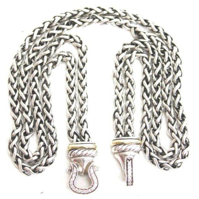 DAVID YURMAN STERLING SILVER/18K GOLD NECKLACE: DAVID YURMAN STERLING SILVER/18K GOLD NECKLACE A David Yurman sterling silver necklace with 18K yellow gold accents on buckle. Double strand wheat chain. Buckle features 23 small accent diamonds. Weig