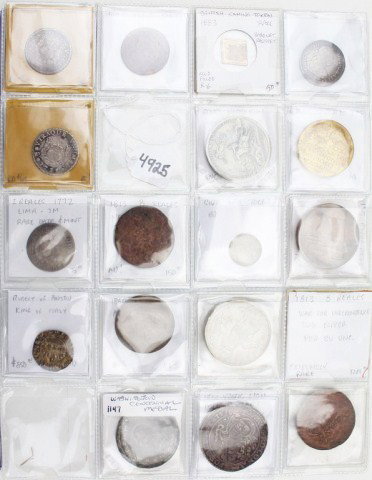 LOT OF 17 COLONIAL COPPERS REALES TOKENS AND MORE: LOT OF 17 COLONIAL COPPERS REALES TOKENS AND MORE Large variety of 17 coppers, tokens, reales, and others. 3 18th century 2 reales and 2 1813 8 reales. Rare 1883 British gaming token, 1863 civil war t