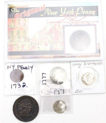 LOT OF 6 18TH CENTURY COINS MOSTLY US AND UK: LOT OF 6 18TH CENTURY COINS MOSTLY US AND UK Lot of 6 18th century coins. 2 New York pennies 1732 and 1754. 1792 France Bastille Day copper (Colonial 2 Pence). 1757 Georgivs II sixpence . 1777 Carolus