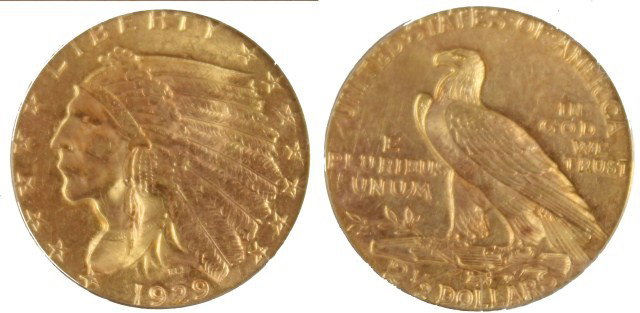 1929 $2.5 GOLD INDIAN PCGS MS 63: 1929 $2.5 GOLD INDIAN PCGS MS 63 1929 $2 1/2 gold Indian PCGS graded MS 63. This was the final year for this design, 1908-1929 by Bela Lyon Pratt. Lot: 15662