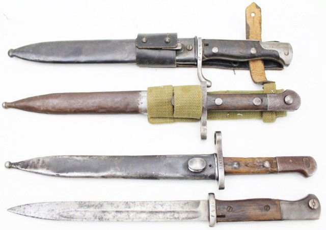 LOT OF 4 MAUSER BAYONETS WW1-WW2: LOT OF 4 MAUSER BAYONETS WW1-WW2 Lot of Four Mauser Bayonets World War 1 through World War 2. Models include Czeck VZ23 15" in good condition with some damage to handle. German S98/05 with scabbard an