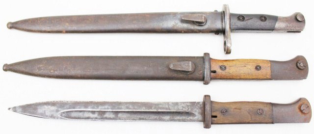 TWO GERMAN K98 & A MAUSER BAYONET: TWO GERMAN K98 & A MAUSER BAYONET K98 with blued blade marked S/172K in a 44 dated scabbard. Another with S/175K, some rust, no scabbard. A German made Mauser bayonet with scabbard. Condition: Good Lo