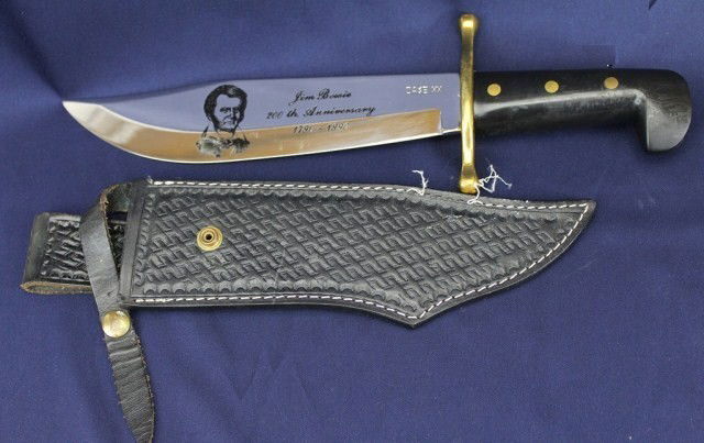CASE XX JIM BOWIE KNIFE 200TH ANNIVERSARY: CASE XX JIM BOWIE KNIFE 200TH ANNIVERSARY Jim Bowie knife with sheath (coming unstitched in one part). 200th Anniversary knife 1790-1990. Marked Case XX. Size: 14" Condition: VGC Lot: 15752