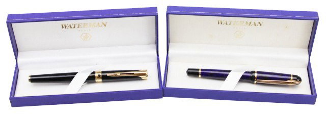2 WATERMAN PHILEAUS & APOSTROPHE FOUNTAIN PENS: 2 WATERMAN PHILEAUS & APOSTROPHE FOUNTAIN PENS Phileaus is mottled blue and grey. The nib is marked "M". Apostrophe is black and gold. The nib is 18K gold and marked "M". Both come in original boxes. 