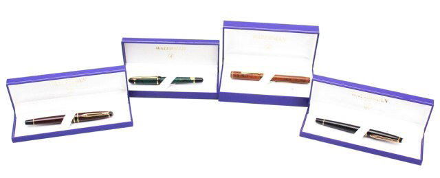 LOT OF 4 WATERMAN FOUNTAIN PENS: LOT OF 4 WATERMAN FOUNTAIN PENS Expert pen in burgundy with a two-tone nib marked "F". Expert pen in black with Essential trim, stainless steel nib is marked "M". Phileaus fountain pen colored green, 
