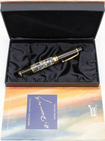 MONTBLANC ALEXANDRE DUMAS FOUNTAIN PEN WRONG SIG.: MONTBLANC ALEXANDRE DUMAS FOUNTAIN PEN WRONG SIG. A mysterious shimmering appearance which is set off by a dark brown precious resin cap, hardly begins to define the beauty which lies within this pist