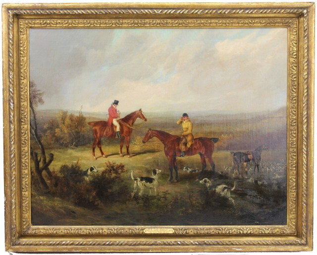 SAMUEL J E JONES – OIL ON CANVAS “AFTER THE HUNT": Samuel John Egbert Jones ( English, 1820-1845) “After the Hunt” Plaque to the base of the frame reads 1820 S.J.E. Jones 1845 “After the hunt”. Paper labels to the verso read “Prosper” and 