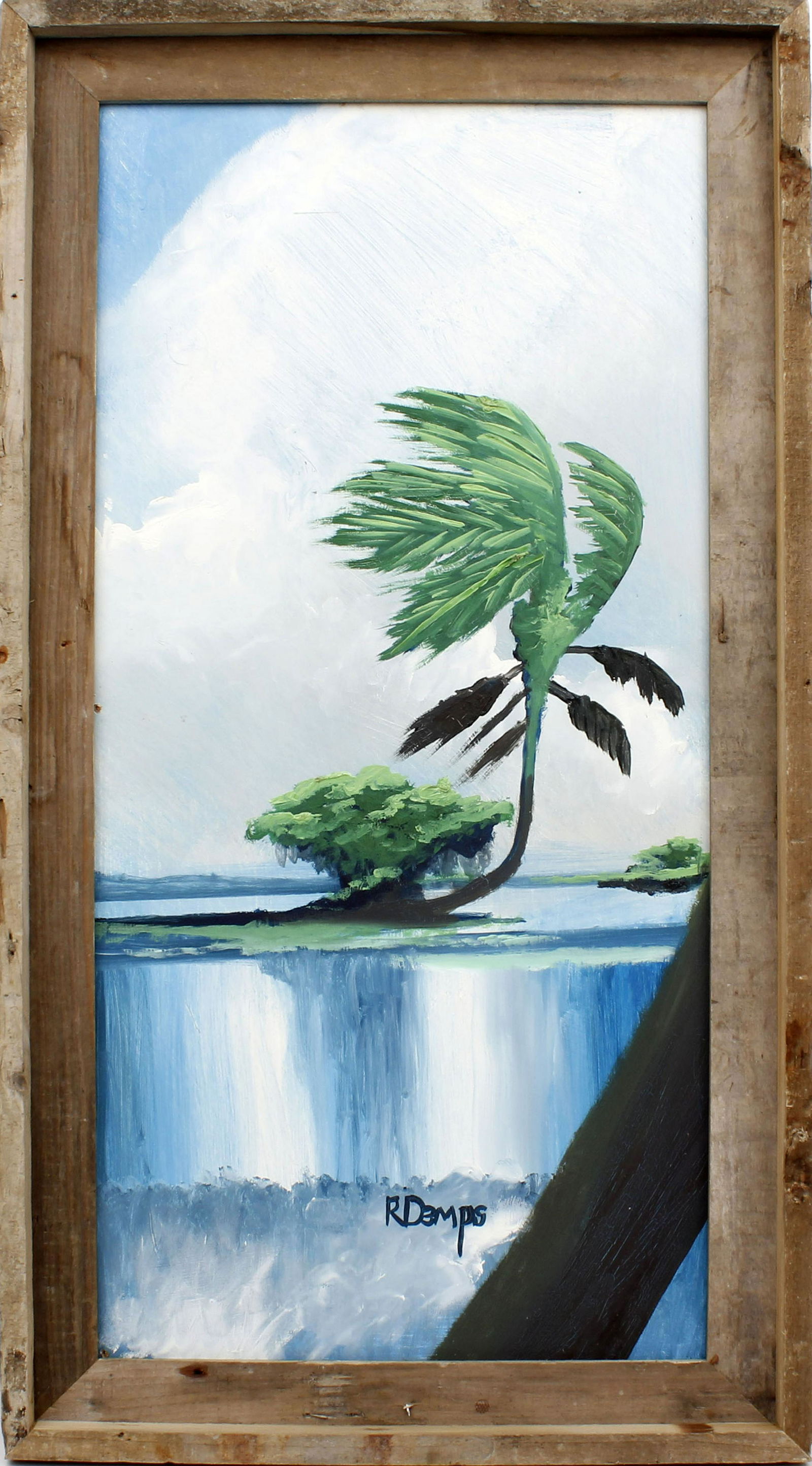 RODNEY DEMPS FLORIDA HIGHWAYMEN MIRROR RIVER: Demps, Rodney (1953- 2020) Florida Highwaymen Painting. Oil on Masonite - signed lower middle. The water reflects like a mirror as a palm leans over it's beauty. Board measures 12x24 framed to overall