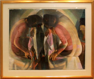 YANG QIAN-QIAN YANG ILLUSION OF REFLECTION: Yang Qian, Chinese (B. 1959) Pastel on Paper, Mirror Image. Signed upper right. Good condition. Measures 49-1/2" H, 39-1/4" W; frame measures 52" H, 62" W. Marella Gallery, Yang Qian - Illusion of Ref