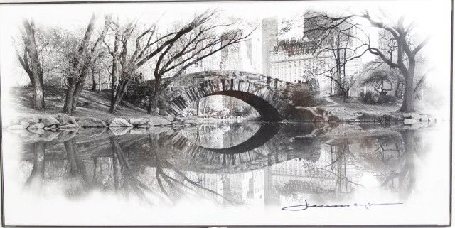PHOTO OF CENTRAL PARK-SIGNED: PHOTO OF CENTRAL PARK-SIGNED A real time photo of the infamous Central Park in New York. The scene is of a bridge that covers the small body of water that runs through the park. The photographer signe