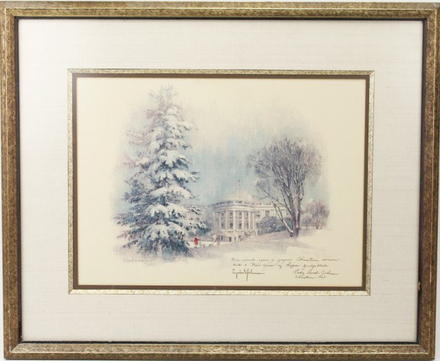 LYNDON JOHNSON SIGNED WHITE HOUSE CHRISTMAS CARD: LYNDON JOHNSON SIGNED WHITE HOUSE CHRISTMAS CARD Lyndon and Lady Bird Johnson. White House Christmas card Lithograph. Designed by Robert Laessig. The card is accompanied by it's text sheet and seal. S