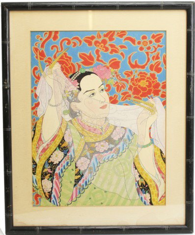 PAUL JACOULET JAPANESE WOODBLOCK PRINT - SIGNED: PAUL JACOULET JAPANESE WOODBLOCK PRINT - SIGNED Paul Jacoulet (French, 1902-1960). Les Perles. Woodblock print. Hand signed in pencil to lower left. Framed. Some water damage to matting which does not