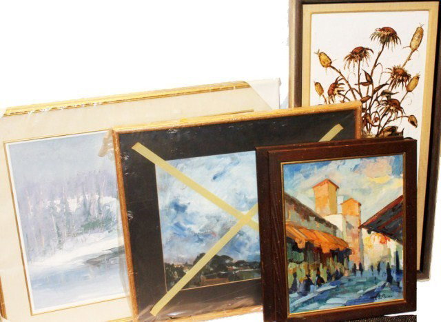 LOT OF 5 SIGNED AND FRAMED OIL PAINTINGS: LOT OF 5 SIGNED AND FRAMED OIL PAINTINGS Gene Malazzini, "Winter Bouquet" on stucco, 38"X18". Labelle, "Winter Scene", 30"X22". [illegible artist's name], "Storm on the Horizon", 31"X27". E. La Mauaca
